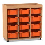 Flexeo Regal PRO mit 3 Reihen, 12 Boxen Gr. M und Aufkantung Buche dunkel mit Boxen orange (Zoom)