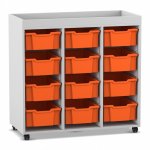 Flexeo Regal PRO mit 3 Reihen, 12 Boxen Gr. M und Aufkantung grau mit Boxen orange (Zoom)