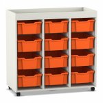 Flexeo Regal PRO mit 3 Reihen, 12 Boxen Gr. M und Aufkantung weiß mit Boxen orange (Zoom)