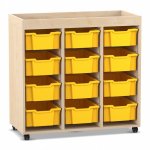 Flexeo Regal PRO mit 3 Reihen, 12 Boxen Gr. M und Aufkantung Ahorn honig mit Boxen gelb (Zoom)