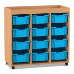Flexeo Regal PRO, 3 Reihen, 12 Boxen Gr. M, Aufkantung Buche dunkel mit Boxen hellblau (Zoom)