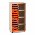 Flexeo Regal PRO, 2 Reihen, 12 Boxen Gr. S, 4 Fächer rechts Buche hell mit Boxen orange (Zoom)