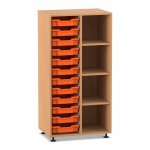 Flexeo Regal PRO, 2 Reihen, 12 Boxen Gr. S, 4 Fächer rechts Buche dunkel mit Boxen orange (Zoom)