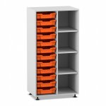 Flexeo Regal PRO, 2 Reihen, 12 Boxen Gr. S, 4 Fächer rechts grau mit Boxen orange (Zoom)