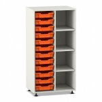 Flexeo Regal PRO, 2 Reihen, 12 Boxen Gr. S, 4 Fächer rechts weiß mit Boxen orange (Zoom)