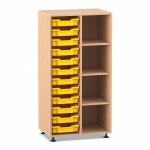 Flexeo Regal PRO, 2 Reihen, 12 Boxen Gr. S, 4 Fächer rechts Buche hell mit Boxen gelb (Zoom)