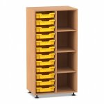 Flexeo Regal PRO, 2 Reihen, 12 Boxen Gr. S, 4 Fächer rechts Buche dunkel mit Boxen gelb (Zoom)