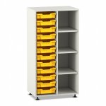 Flexeo Regal PRO, 2 Reihen, 12 Boxen Gr. S, 4 Fächer rechts weiß mit Boxen gelb (Zoom)