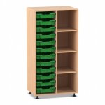 Flexeo Regal PRO, 2 Reihen, 12 Boxen Gr. S, 4 Fächer rechts Buche hell mit Boxen dunkelgrün (Zoom)