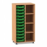 Flexeo Regal PRO, 2 Reihen, 12 Boxen Gr. S, 4 Fächer rechts Buche dunkel mit Boxen dunkelgrün (Zoom)