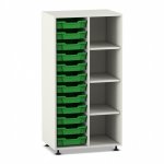 Flexeo Regal PRO, 2 Reihen, 12 Boxen Gr. S, 4 Fächer rechts weiß mit Boxen dunkelgrün (Zoom)
