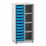 Flexeo Regal PRO, 2 Reihen, 12 Boxen Gr. S, 4 Fächer rechts grau mit Boxen hellblau (Zoom)