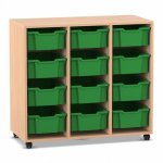 Flexeo Regal PRO, 3 Reihen, 12 Boxen Gr. M Buche hell mit Boxen dunkelgrün (Zoom)