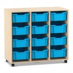 Flexeo Regal PRO, 3 Reihen, 12 Boxen Gr. M Ahorn honig mit Boxen hellblau (Zoom)