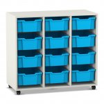Flexeo Regal PRO, 3 Reihen, 12 Boxen Gr. M weiß mit Boxen hellblau (Zoom)
