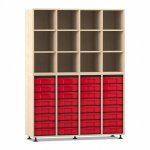 Flexeo Regal, 4 Reihen, 32 kleine Boxen, 12 Fächer oben Ahorn honig mit Boxen rot (Zoom)