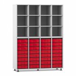 Flexeo Regal, 4 Reihen, 32 kleine Boxen, 12 Fächer oben grau mit Boxen rot (Zoom)