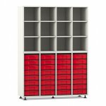 Flexeo Regal, 4 Reihen, 32 kleine Boxen, 12 Fächer oben weiß mit Boxen rot (Zoom)