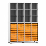 Flexeo Regal, 4 Reihen, 32 kleine Boxen, 12 Fächer oben grau mit Boxen gelb (Zoom)