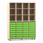 Flexeo Regal, 4 Reihen, 32 kleine Boxen, 12 Fächer oben Ahorn honig mit Boxen grün (Zoom)