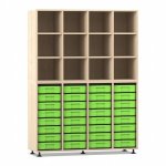 Flexeo Regal, 4 Reihen, 32 kleine Boxen, 12 Fächer oben Ahorn honig mit Boxen grün (Zoom)