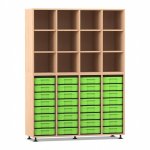 Flexeo Regal, 4 Reihen, 32 kleine Boxen, 12 Fächer oben Buche hell mit Boxen grün (Zoom)