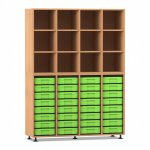 Flexeo Regal, 4 Reihen, 32 kleine Boxen, 12 Fächer oben Buche dunkel mit Boxen grün (Zoom)
