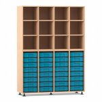Flexeo Regal, 4 Reihen, 32 kleine Boxen, 12 Fächer oben Buche hell mit Boxen blau (Zoom)