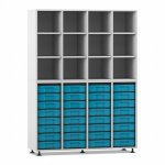 Flexeo Regal, 4 Reihen, 32 kleine Boxen, 12 Fächer oben grau mit Boxen blau (Zoom)