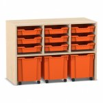 Flexeo Regal PRO mit 3 Reihen, 9 kleinen und 3 fahrbaren Boxen Ahorn honig mit Boxen orange (Zoom)