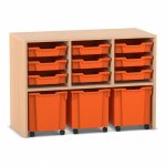 Flexeo Regal PRO mit 3 Reihen, 9 kleinen und 3 fahrbaren Boxen Buche hell mit Boxen orange (Zoom)