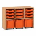 Flexeo Regal PRO mit 3 Reihen, 9 kleinen und 3 fahrbaren Boxen Buche dunkel mit Boxen orange (Zoom)