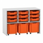 Flexeo Regal PRO mit 3 Reihen, 9 kleinen und 3 fahrbaren Boxen grau mit Boxen orange (Zoom)