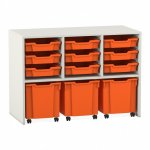 Flexeo Regal PRO, 3 Reihen, 9 Boxen Gr. S, 3 fahrbare XL-Boxen weiß mit Boxen orange (Zoom)