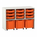 Flexeo Regal PRO, 3 Reihen, 9 Boxen Gr. S, 3 fahrbare XL-Boxen weiß mit Boxen orange (Zoom)
