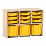 Flexeo Regal PRO mit 3 Reihen, 9 kleinen und 3 fahrbaren Boxen Ahorn honig mit Boxen gelb (Zoom)