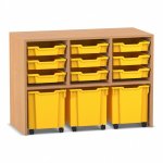 Flexeo Regal PRO, 3 Reihen, 9 Boxen Gr. S, 3 fahrbare XL-Boxen Buche dunkel mit Boxen gelb (Zoom)