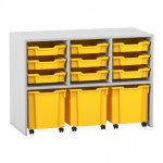 Flexeo Regal PRO mit 3 Reihen, 9 kleinen und 3 fahrbaren Boxen grau mit Boxen gelb (Zoom)