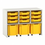 Flexeo Regal PRO mit 3 Reihen, 9 kleinen und 3 fahrbaren Boxen weiß mit Boxen gelb (Zoom)