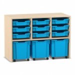 Flexeo Regal PRO mit 3 Reihen, 9 kleinen und 3 fahrbaren Boxen Ahorn honig mit Boxen hellblau (Zoom)