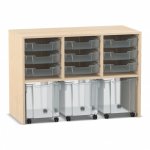 Flexeo Regal PRO, 3 Reihen, 9 Boxen Gr. S, 3 fahrbare XL-Boxen Ahorn honig mit Boxen transparent (Zoom)