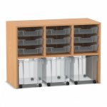 Flexeo Regal PRO, 3 Reihen, 9 Boxen Gr. S, 3 fahrbare XL-Boxen Buche dunkel mit Boxen transparent (Zoom)