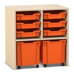 Flexeo Regal PRO, 2 Reihen, 6 Boxen Gr. S, 2 fahrbare XL-Boxen Ahorn honig mit Boxen orange (Zoom)