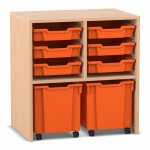 Flexeo Regal PRO, 2 Reihen, 6 Boxen Gr. S, 2 fahrbare XL-Boxen Buche hell mit Boxen orange (Zoom)