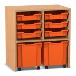Flexeo Regal PRO, 2 Reihen, 6 Boxen Gr. S, 2 fahrbare XL-Boxen Buche dunkel mit Boxen orange (Zoom)