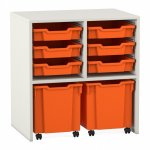 Flexeo Regal PRO, 2 Reihen, 6 Boxen Gr. S, 2 fahrbare XL-Boxen weiß mit Boxen orange (Zoom)
