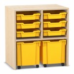 Flexeo Regal PRO, 2 Reihen, 6 Boxen Gr. S, 2 fahrbare XL-Boxen Ahorn honig mit Boxen gelb (Zoom)