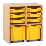 Flexeo Regal PRO, 2 Reihen, 6 Boxen Gr. S, 2 fahrbare XL-Boxen Buche hell mit Boxen gelb (Zoom)