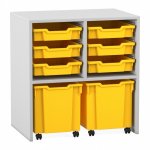 Flexeo Regal PRO, 2 Reihen, 6 Boxen Gr. S, 2 fahrbare XL-Boxen grau mit Boxen gelb (Zoom)