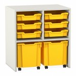 Flexeo Regal PRO, 2 Reihen, 6 Boxen Gr. S, 2 fahrbare XL-Boxen weiß mit Boxen gelb (Zoom)